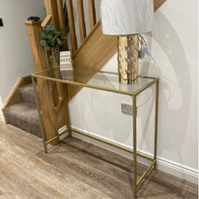 Modern Slim Gold Console Table, Narrow Legs, Tempered Glass, Metal Frame, Shelf