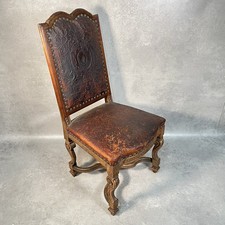 Antique Victorian Renaissance Revival Oak Hall Chair c.1880s Tooled Leather Seat