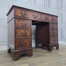 Antique Style Wooden Twin Pedestal Writing Home Office Desk 8 Drawers - Leather