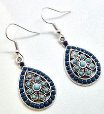TURQUOISE TEARDROP FLORAL HOOK EARRINGS 4.5CM DROP E378