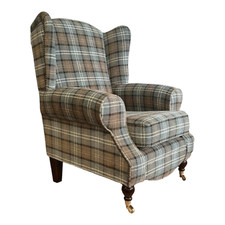 Queen Anne Wing Back Cottage Fireside Chair Lana Duck Egg Tartan Dark Wood Legs