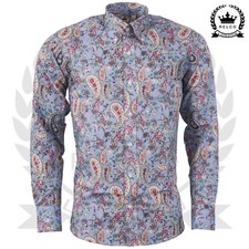 Relco Mens Paisley Shirt Sky Blue Long Sleeve Button Down Collar Floral Vintage