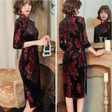 Women Velvet Dress Chinese Costumes 3/4 Sleeve Qipao Wedding Party Ball Gown