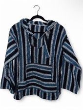 Vintage Black & Blue Striped Baja Hoodie Mexican Poncho Hippie Mens One Size EUC