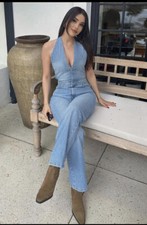 ZARA NEW WOMAN DENIM TRF HALTER-NECK JUMPSUIT BLUE Size L REF:227/080