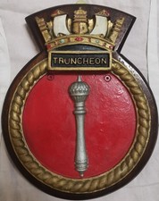 HMS Truncheon Ship Crest Plaque – Hand-Painted Metal, Solid Mahogany Mount, 997g
