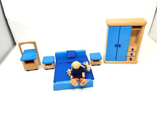 Pintoy Wooden Dolls House -5 Pce  Bedroom Furniture &  Wooden Bendy Girl Doll