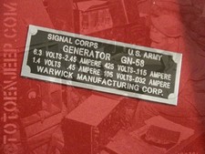 label plate plate GENERATOR GENERATOR GN58 . US WW2 JEEP WILLYS RADIO