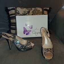 BNIB LUNAR ELEGANCE BLACK/GOLD LACE DIAMONTE HIGH HEELS SLINGBACK SHOES SIZE 7