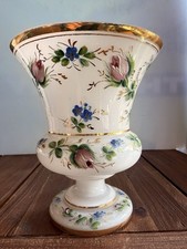 Czech Enamel Glass Vase Roses Floral Hand Painted White Vintage
