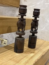 Vintage Hand-Carved Elephant Wooden Candlesticks-Table Set  Home Decor
