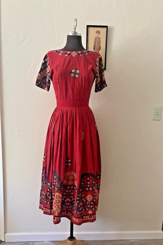 Red vintage cotton - dress, with