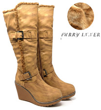 Womens Knee High Boots Mid Wedge Heel Fur Lined Zip Warm Cowboy Shoes UK Size