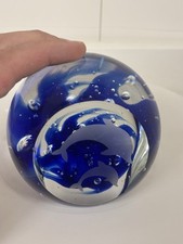 Large Vintage Hand-Blown Blue & Clear Glass Paperweight With Bubbles