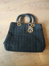 Vintage Christian Dior Lady Dior Bag Black Canvas Medium Top Handle Handbag Auth