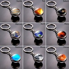 Glow in the Dark Galaxy System Keychain Double Sided Glass Dome Planet Keyring