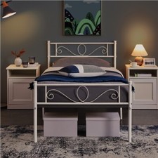 3ft Single Metal Bed Frame Iron Platform Bed w/ Headboard Slatted Support White