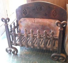 Antique Cast Iron Fire Basket/Dog Grate Rose and Fleur-de-lis decor on backplate