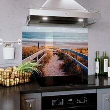Glass Splashback Kitchen Cooker Panel ANY SIZE Beach Sand Sky Sea Waves Wood
