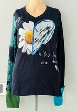 DESIGUAL Womens Graphic Top Long Sleeve UK 14 Medium Navy Blue Floral