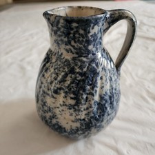 Spongeware 5 1/2" Blue & White Syrup Pitcher Weeks Pottery Akron Ohio Stoneware