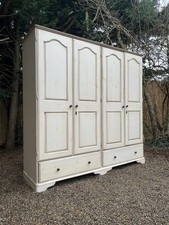 Vintage Provincial French Style 4 Door Distressed Cream Double Wardrobe Armoire 