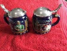 Pair Of German 1/2 L.  Steins Hunting Scene Stoneware Pewter Lids C 1970 DBGM