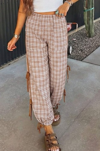 Chestnut plaid print elastic - plaid,