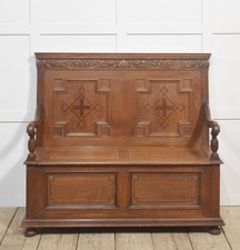 Antique Oak Hall Settle | Inlaid Geometric Motifs | Storage Seat & Carved Detail