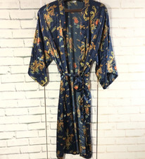 Vintage Asian Satin Dragon Kimono Robe Blue Floral Belted Dressing Gown – One Si