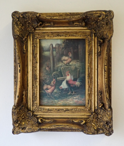 Framed oil painting rooster