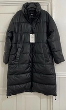 ZARA BLACK FAIX LEATHER HIGH NECK LONG PUFFER COAT WITH ZIPPED POCKETS SIZE L