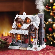 Snowy Log Cabin Christmas Village Incense Burner House Lights Smoke Snowman