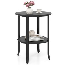 Industrial Round Side Table 2-Tier Accent Table with Metal Frame Black