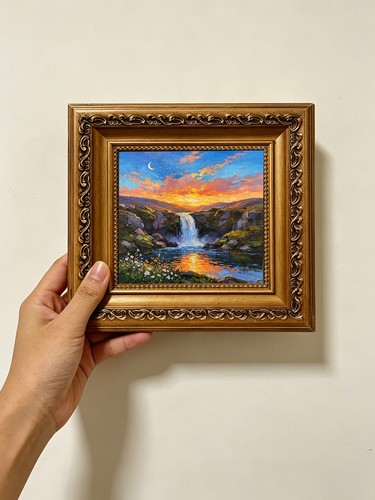Crescent moon waterfall - waterfall, sunset