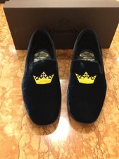 Church's Green Velvet Slippers Loafers with Golden Embroidered Crown - used once