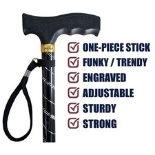 TAMAKA Ladies Black/Silver Engraved Etched Stripes Adjustable Walking Stick Cane