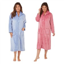 Ladies Embossed Dressing Gown Zip Front Fleece Housecoat Zipped Robe
