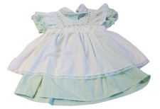 Vtg Mint Green Baby Girl Dress w/ Smocked Pinafore Floral Embroidered 3411JR