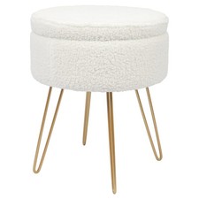 Boucle Storage Footstool Cream Round Ottoman Stool Seat Hairpin Legs H46 x D37cm
