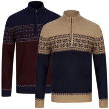 Kensington Eastside Men's Jumper Quarter Zip Fair Isle Knit Funnel Neck Pullover
