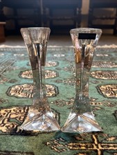Pair Thomas Webb Art Deco Style Crystal Glass Triangular Candlestick 16cm