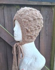 Knitted Adult Size Lace Bonnet Beige & Flecks