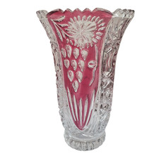 Vintage Ruby Red Bohemian Crystal Cut-to-Clear Vase - Floral & Grape Design