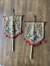2 X Antique Brass & Embroidered Fabric Fire Face Screens - Victorian
