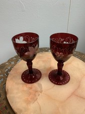 Vintage Ruby Red Cranberry Bohemian Crystal Wine Glass Set of 2