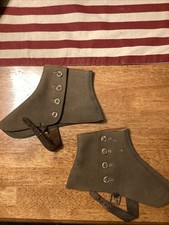 Vintage Used Wool & Leather Spats Brown Four Buttons Pair
