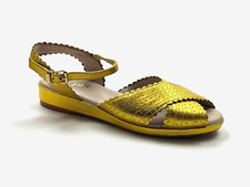 ANTHROPOLOGIE NEW Miss L-Fire Gold Leather Scalloped Sandals Shoes Size 37 US 7