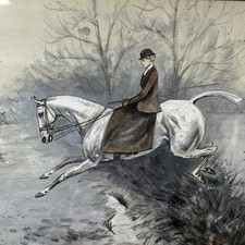 Antique Watercolour Painting Lady Rider Side Saddle Horses. Cuthbert Bradley
