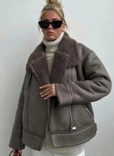 ZARA GREY FAUX LEATHER SHEARLING FUR DOUBLE-FACED BIKER JACKET AVIATOR COAT  L
